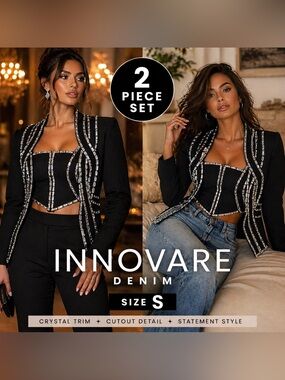 NWT INNOVARE Denim Crystal Cutout Jacket + Top Set| Size S